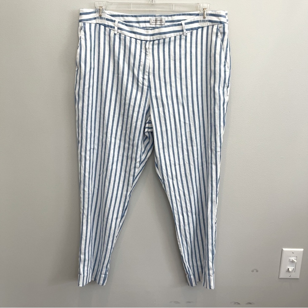 Tahari Arthur S. Levine Pants Women’s 16 White Blue Pinstripe Linen Blend